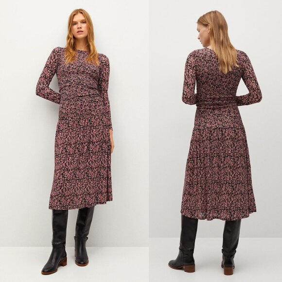 Mango MNG lightweight smocked long sleeve midi midaxi floral dress large - Picture 2 of 5